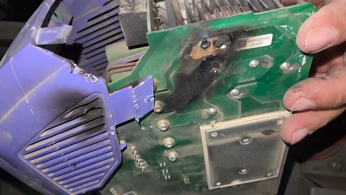 Progress photo showing Burned compresor VFD from high incoming power during Commercial HVAC repair in Indian Wells, California