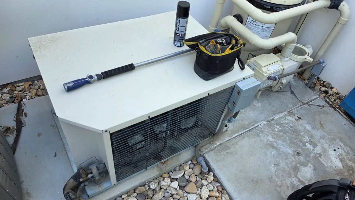 Progress photo showing condensing unit during Residential HVAC maintenance in Indian Wells, California