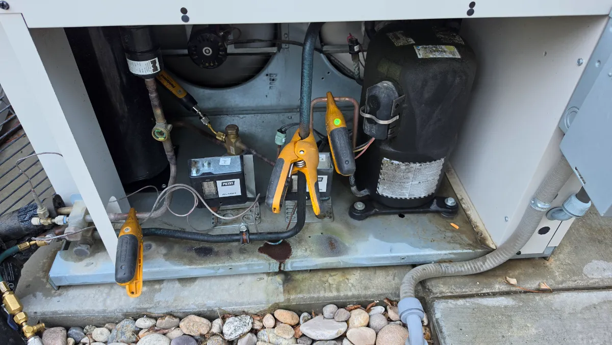 Progress photo showing digital gauges connected during Residential HVAC maintenance in Indian Wells, California