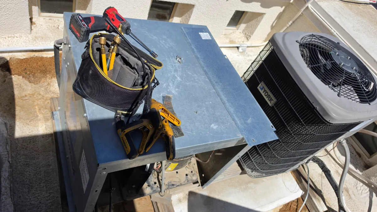 Progress photo showing Wine cellar condenaing unit during Residential HVAC service in Indian Wells, California