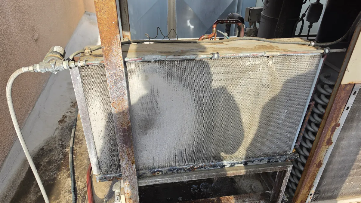 Progress photo showing Calcified condensing coil during Commercial Refrigeration diagnostic in Indian Wells, California