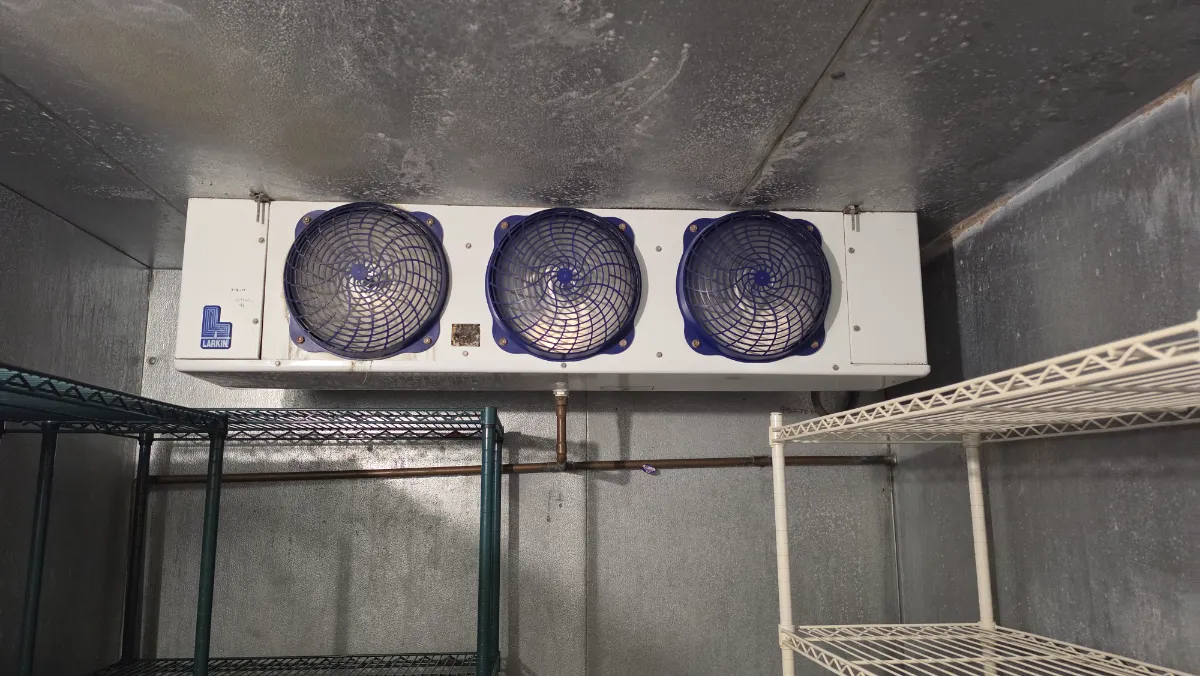 Progress photo showing Walk in cooler evaporator 3 fan during Commercial Refrigeration service in La Quinta, California