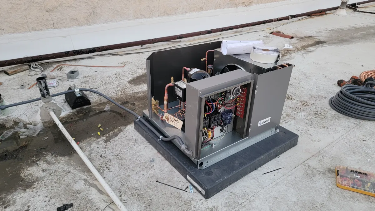 Progress photo showing condensing unit being installed during Commercial Refrigeration installation in Palm Springs, California