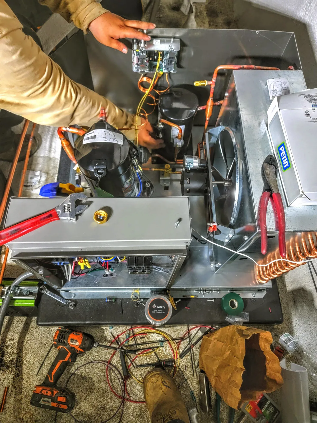 Progress photo showing condesning unit controls installation during Commercial Refrigeration installation in Palm Springs, California