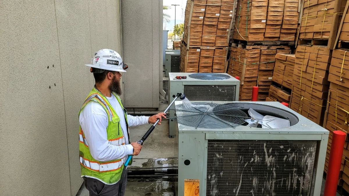 Progress photo showing 7.5 Ton heat pump maintenance during Commercial Refrigeration repair in Coachella, California