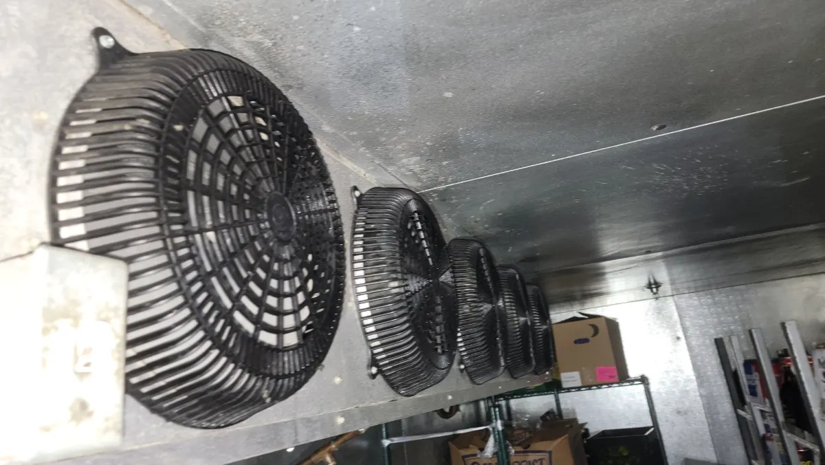 Progress photo showing walk in cooler evaporator during Commercial Refrigeration maintenance in Cathedral City, California