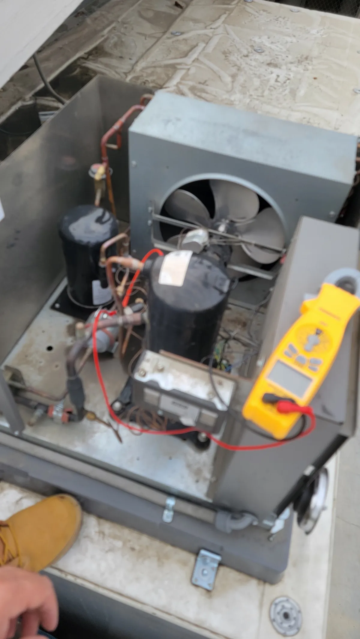 Progress photo showing condensing unit diagnostic during Commercial Refrigeration repair in Cathedral City, California
