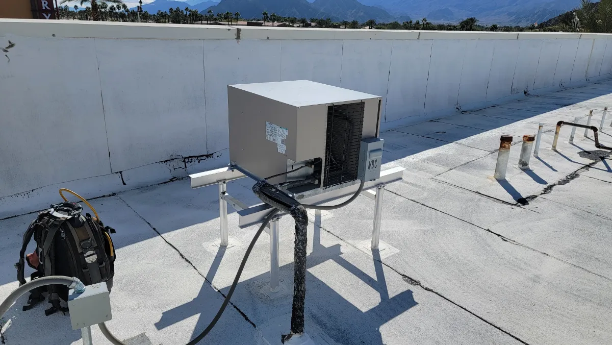 Progress photo showing Condensing unit on roof during Commercial Refrigeration repair in La Quinta, California