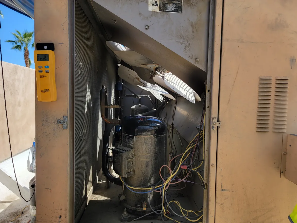 Progress photo showing compressors multiple circuits during Commercial HVAC service in La Quinta, California