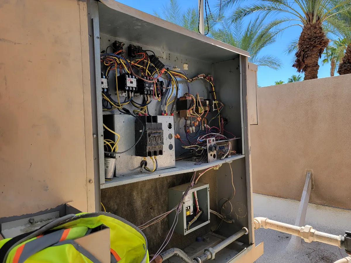 Progress photo showing control electrical panel during Commercial HVAC service in La Quinta, California