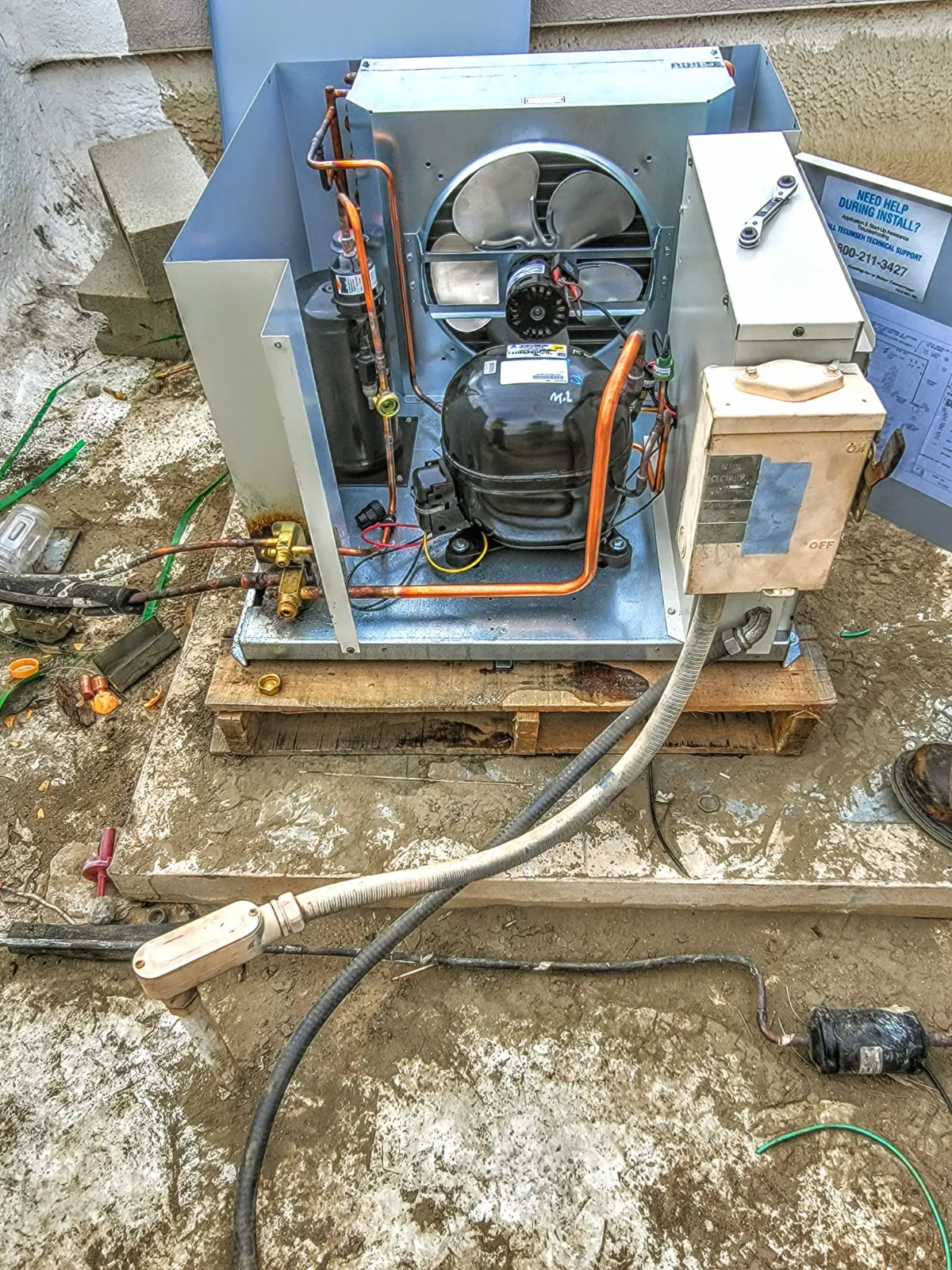 Progress photo showing Condensing unit installed by in house maintenance during Commercial Refrigeration repair in Indio, California