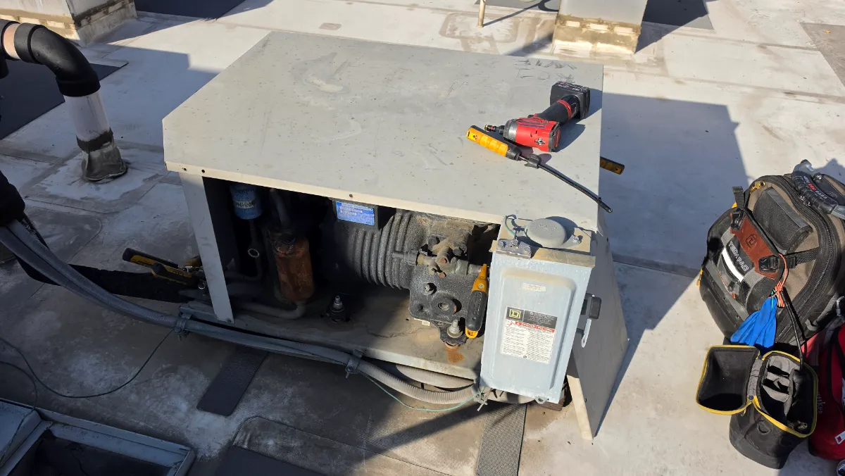 Progress photo showing condensing unit freezer during Commercial Refrigeration service in Rancho Mirage, California