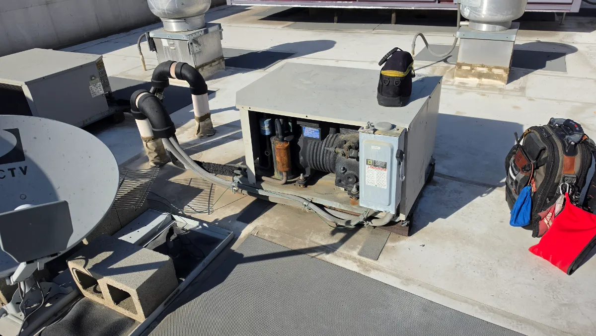 Progress photo showing walk in freezer condensing unit during Commercial Refrigeration service in Rancho Mirage, California
