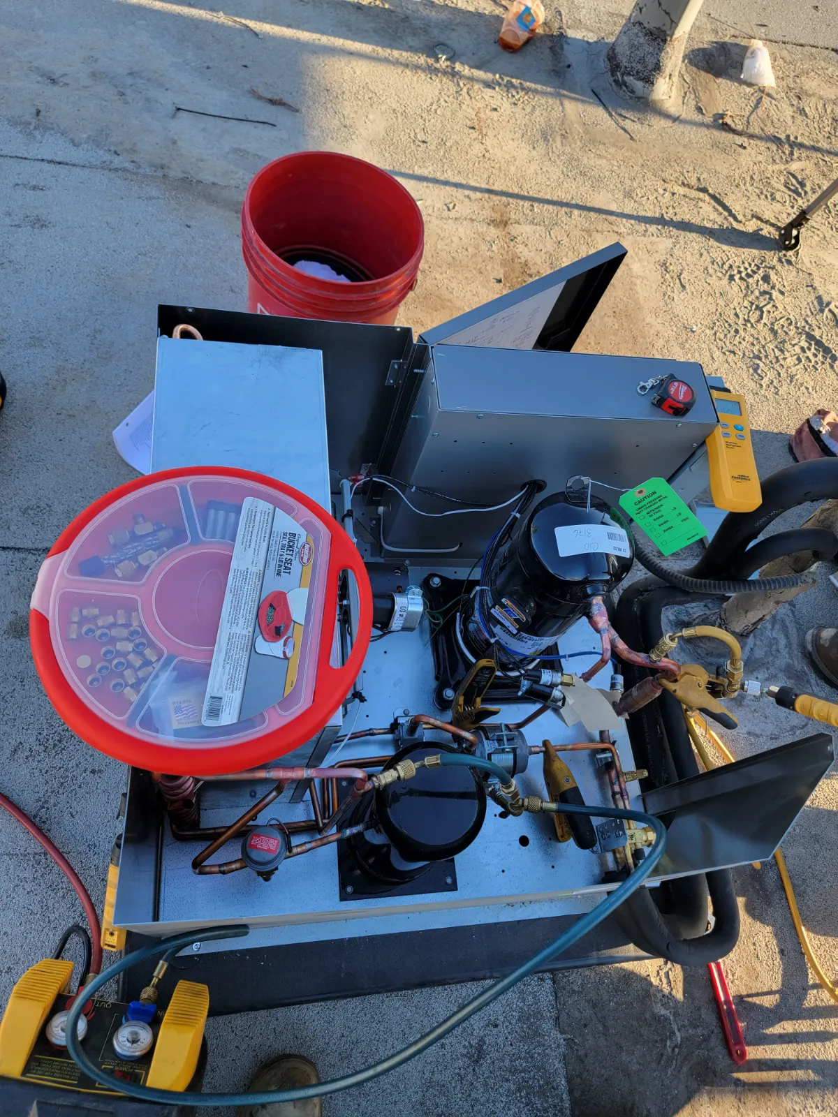 Progress photo showing New walk in cooler condensing unit during Commercial Refrigeration installation in Rancho Mirage, California