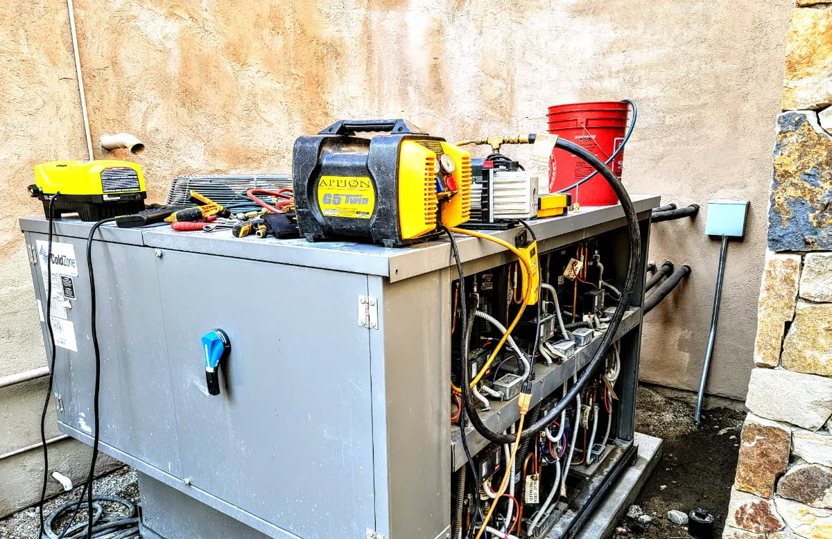 Progress photo showing compressor rack repair during Commercial Refrigeration repair in Rancho Mirage, California