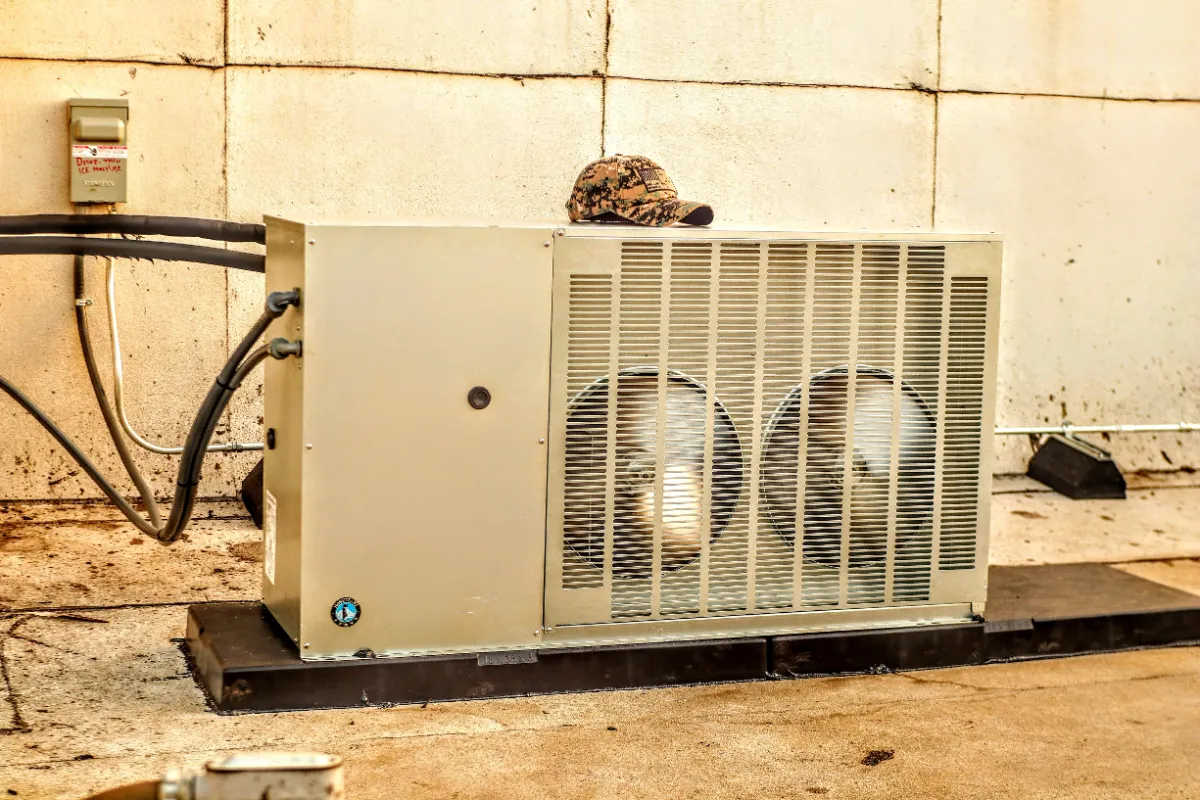 Progress photo showing condensing unit installed for ice machine during Commercial Refrigeration installation in Palm Desert, California