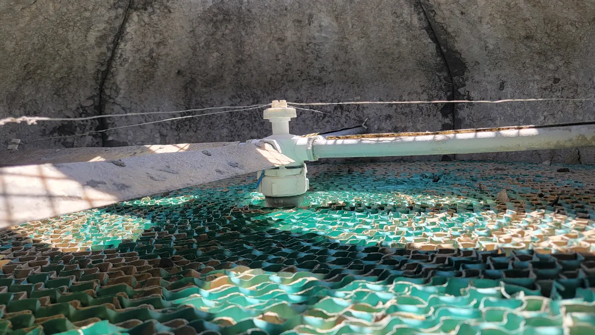 Progress photo showing cooling tower propeller during Commercial HVAC maintenance in Palm Desert, California