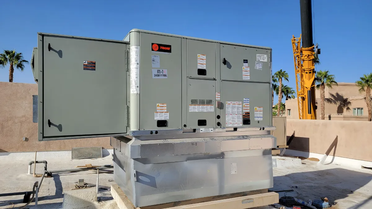 Progress photo showing new air conditioner during Commercial HVAC installation in Indian Wells, California