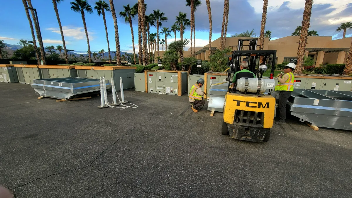 Progress photo showing new heat pumps during Commercial HVAC installation in Indian Wells, California
