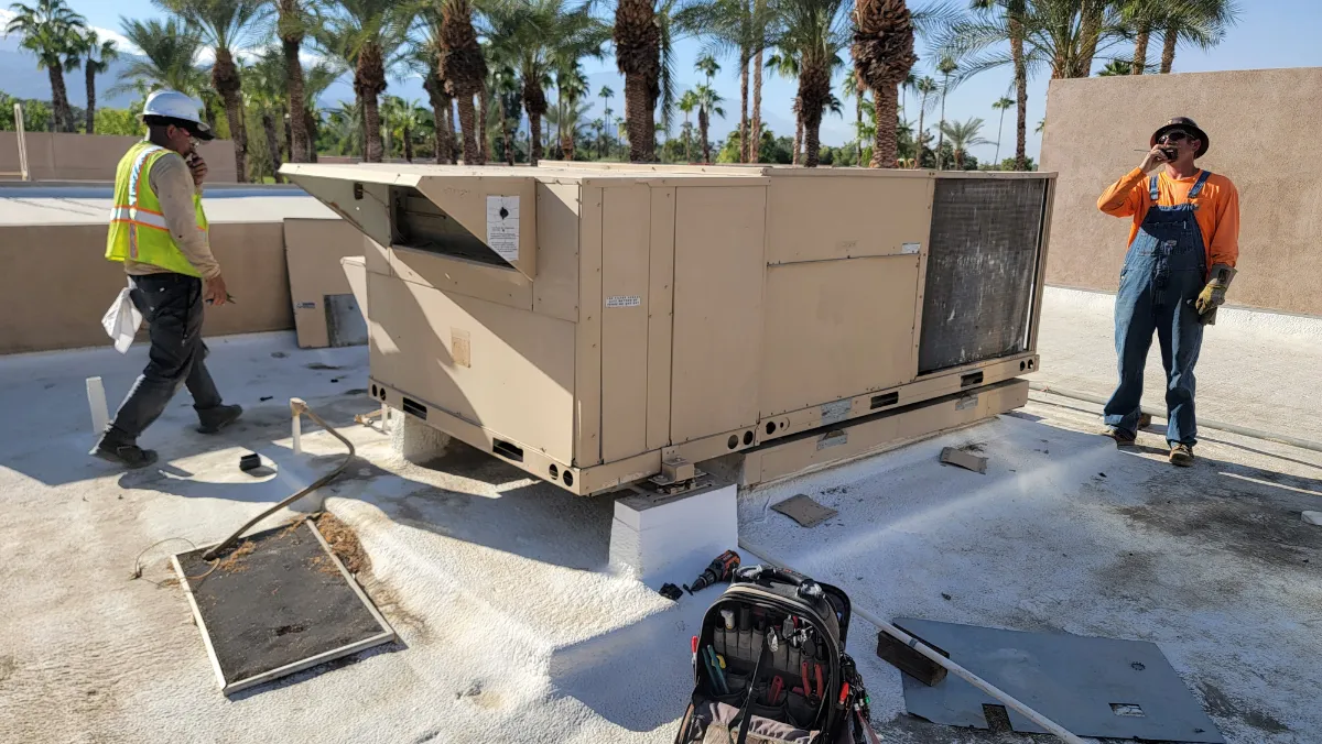 Progress photo showing OLD air conditioner during Commercial HVAC installation in Indian Wells, California